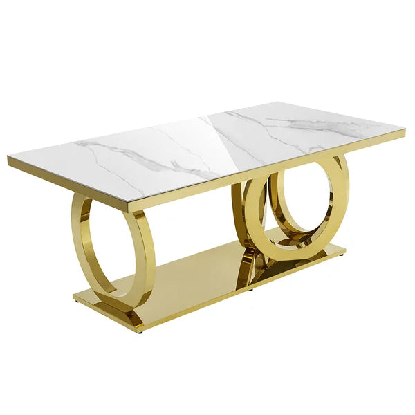 Table de salle à manger rectangulaire blanche contemporaine de 79 po avec plateau en faux marbre et base en acier inoxydable