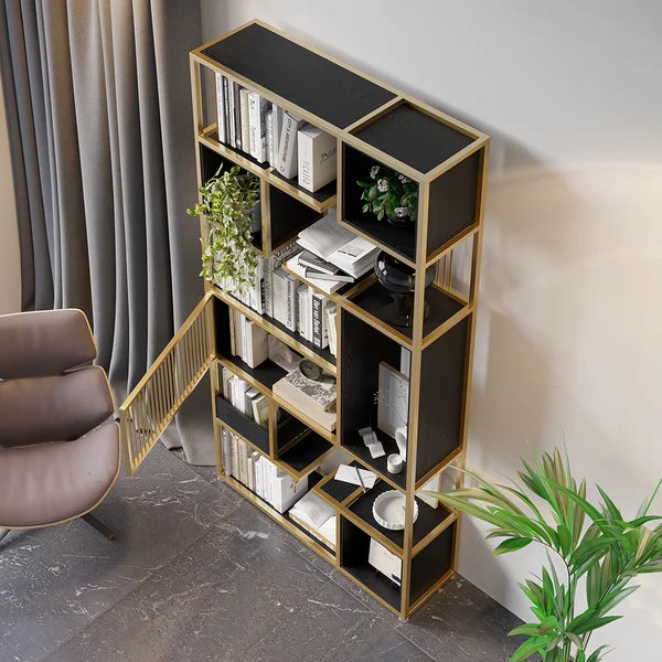 Modern Black Steel Geometric Bookcase 6-Tier Bookshelf Wooden Tall Book Shelf#A