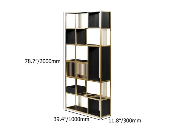 Modern Black Steel Geometric Bookcase 6-Tier Bookshelf Wooden Tall Book Shelf#A