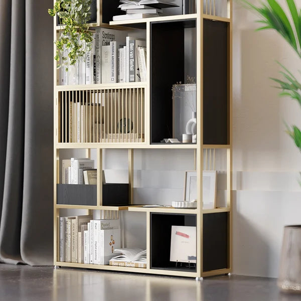 Modern Black Steel Geometric Bookcase 6-Tier Bookshelf Wooden Tall Book Shelf#A