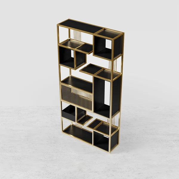 Modern Black Steel Geometric Bookcase 6-Tier Bookshelf Wooden Tall Book Shelf#A