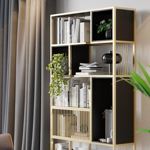 Modern Black Steel Geometric Bookcase 6-Tier Bookshelf Wooden Tall Book Shelf#A