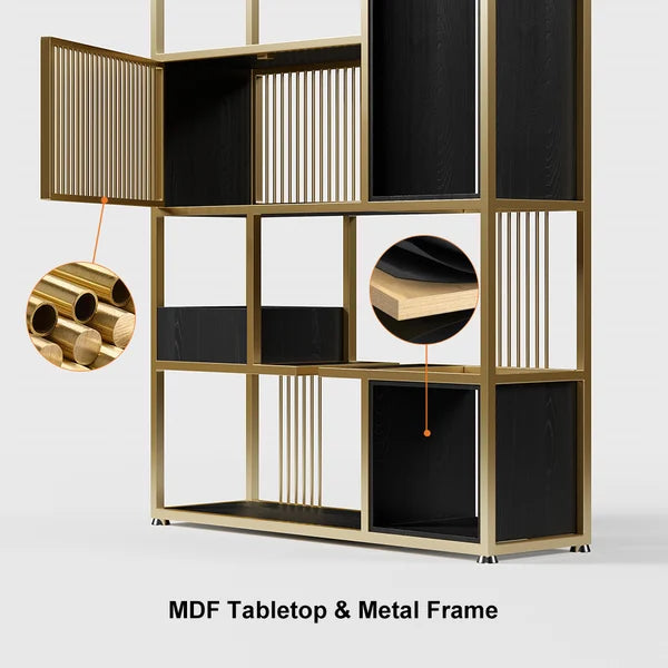 Modern Black Steel Geometric Bookcase 6-Tier Bookshelf Wooden Tall Book Shelf#A