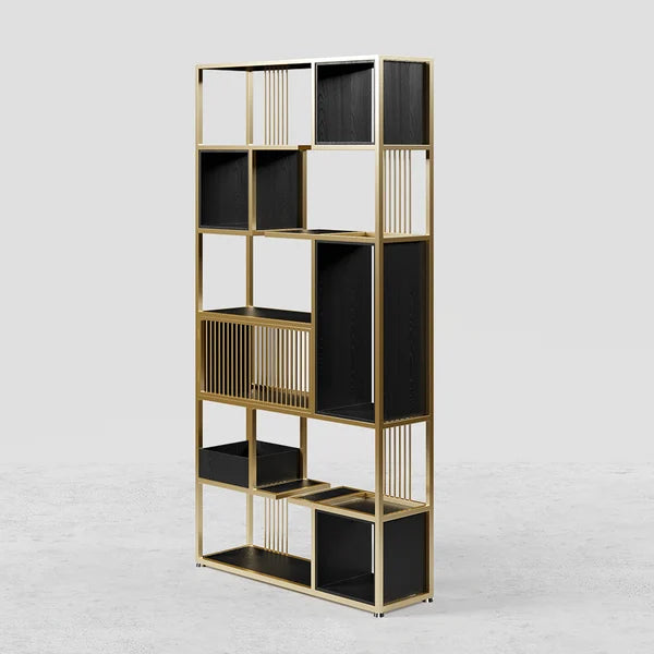 Modern Black Steel Geometric Bookcase 6-Tier Bookshelf Wooden Tall Book Shelf#A