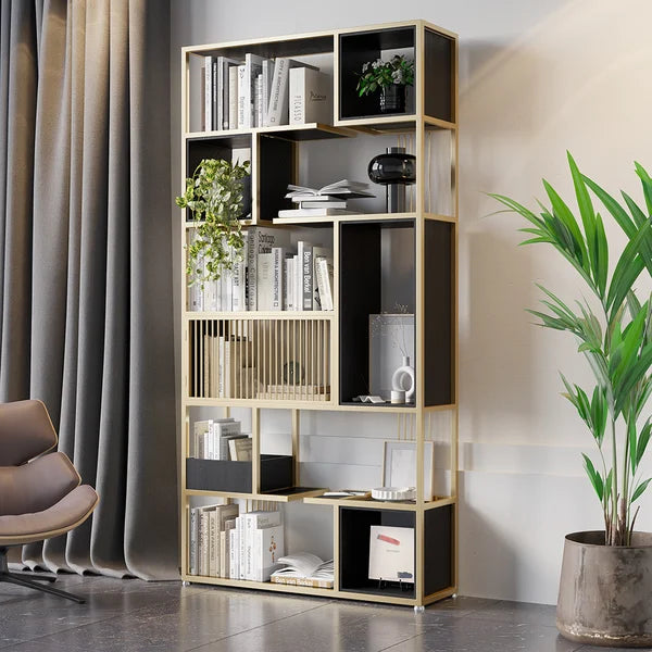 Modern Black Steel Geometric Bookcase 6-Tier Bookshelf Wooden Tall Book Shelf#A