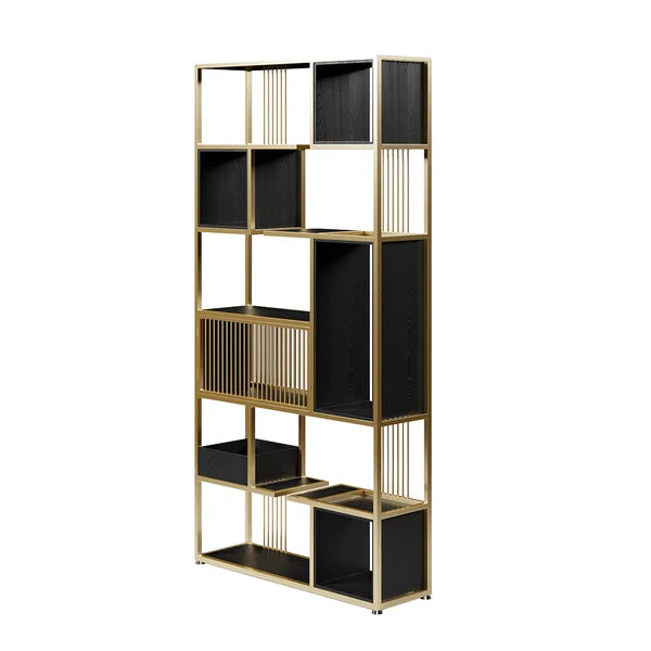 Modern Black Steel Geometric Bookcase 6-Tier Bookshelf Wooden Tall Book Shelf#A