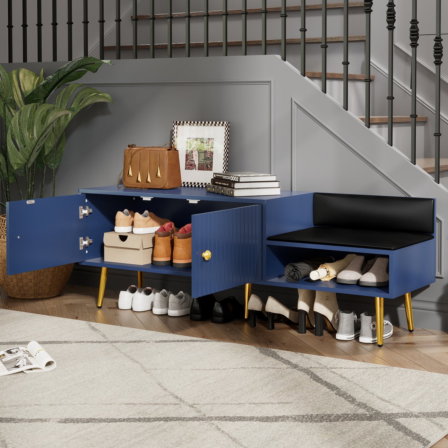 TREXM Modern Shoe Storage Bench with Hidden Storage and Upholstered Cushions for Bedside, Living Room and Entryway (Navy)