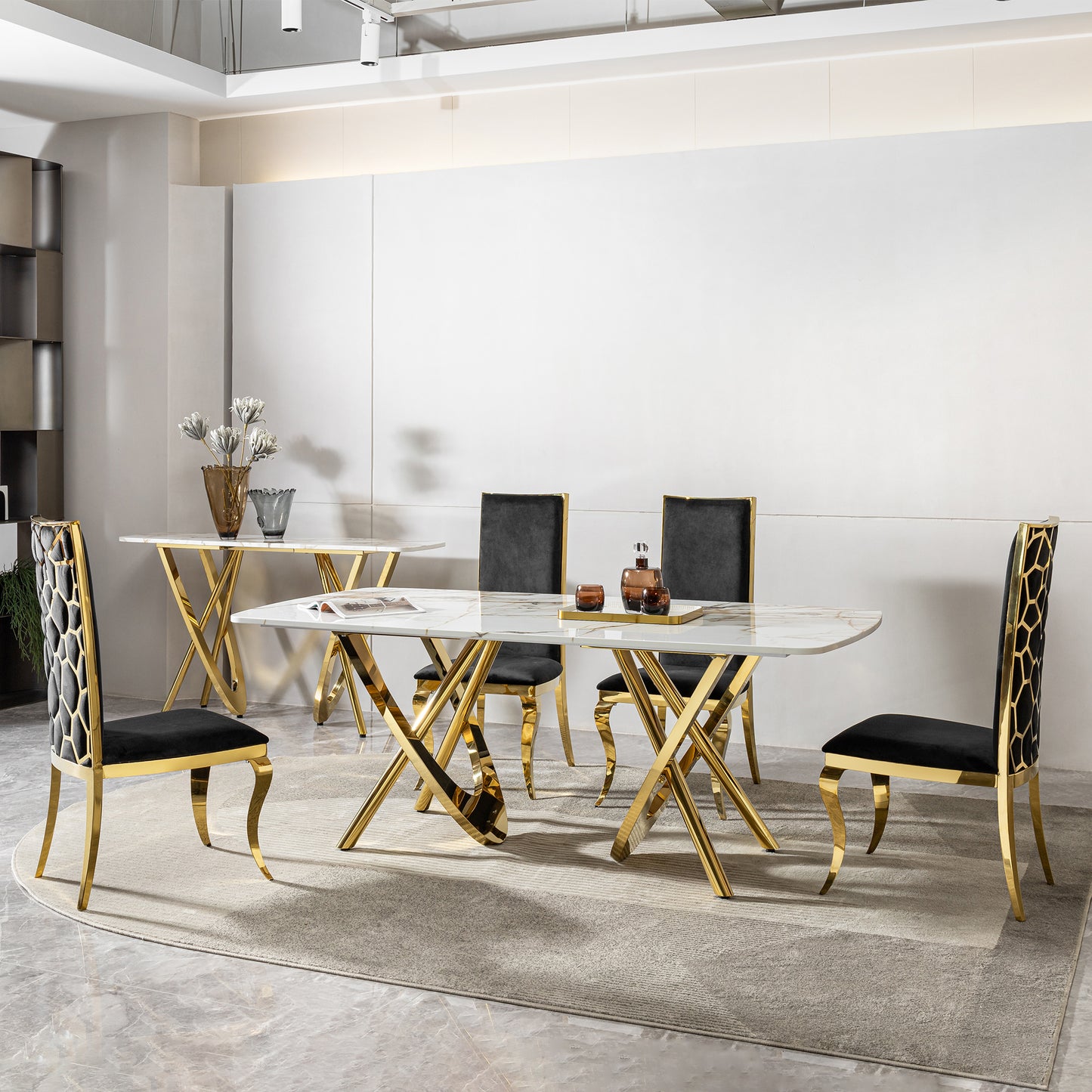 MDF marble pattern dining table with gold stainless steel base, rectangular shape seats 6-8 people