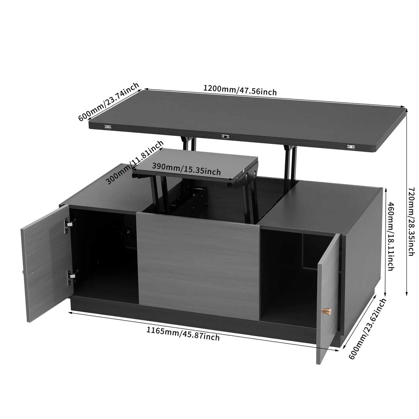 Modern Gray Multi-functional Rectangle Lift-top Coffee Table Extendable with Storage