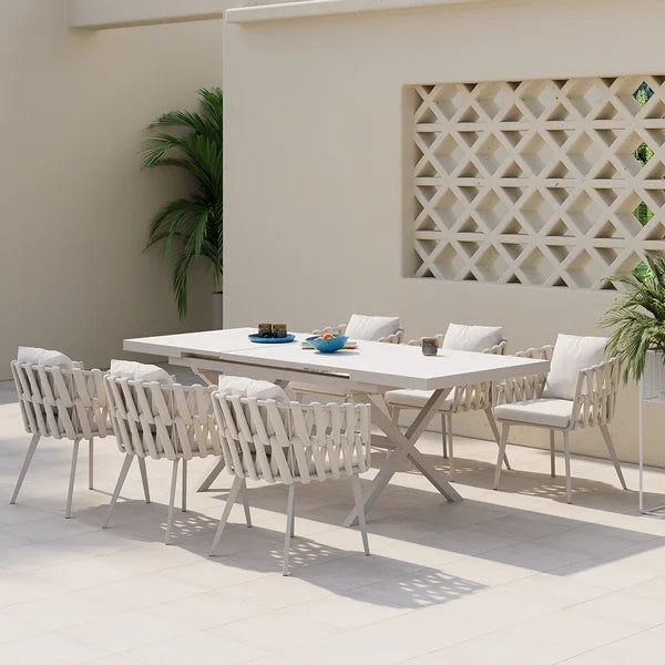 7 Pieces Aluminum Outdoor Dining Set with Extendable Ceramic Table and Woven Armchair#White