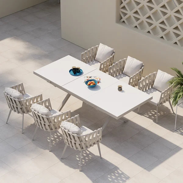 7 Pieces Aluminum Outdoor Dining Set with Extendable Ceramic Table and Woven Armchair#White