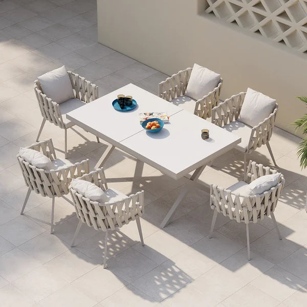 7 Pieces Aluminum Outdoor Dining Set with Extendable Ceramic Table and Woven Armchair#White