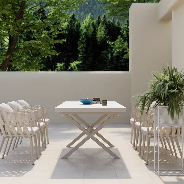 7 Pieces Aluminum Outdoor Dining Set with Extendable Ceramic Table and Woven Armchair#White