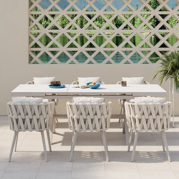 7 Pieces Aluminum Outdoor Dining Set with Extendable Ceramic Table and Woven Armchair#White