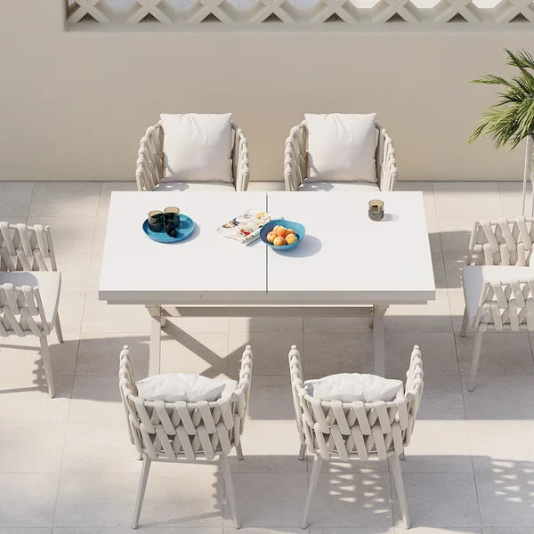 7 Pieces Aluminum Outdoor Dining Set with Extendable Ceramic Table and Woven Armchair#White