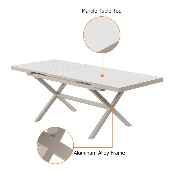 7 Pieces Aluminum Outdoor Dining Set with Extendable Ceramic Table and Woven Armchair#White