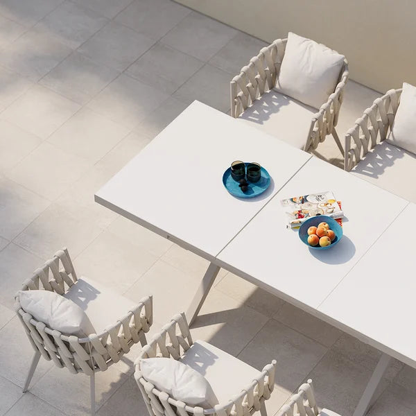 7 Pieces Aluminum Outdoor Dining Set with Extendable Ceramic Table and Woven Armchair#White