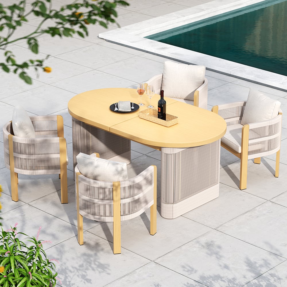 7 Pieces Aluminum Outdoor Dining Set with Extendable Top Table Woven Armchair for 6