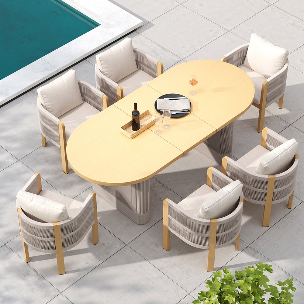 7 Pieces Aluminum Outdoor Dining Set with Extendable Top Table Woven Armchair for 6