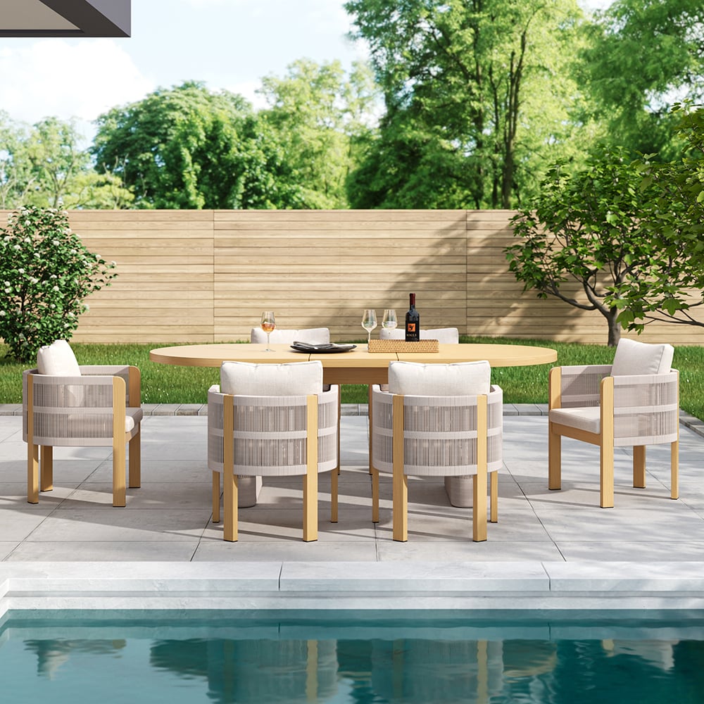 7 Pieces Aluminum Outdoor Dining Set with Extendable Top Table Woven Armchair for 6