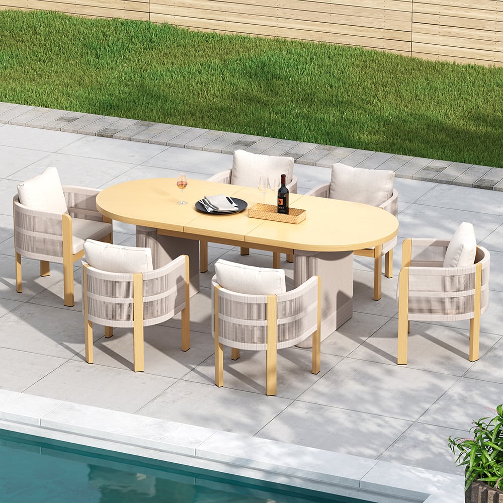 7 Pieces Aluminum Outdoor Dining Set with Extendable Top Table Woven Armchair for 6