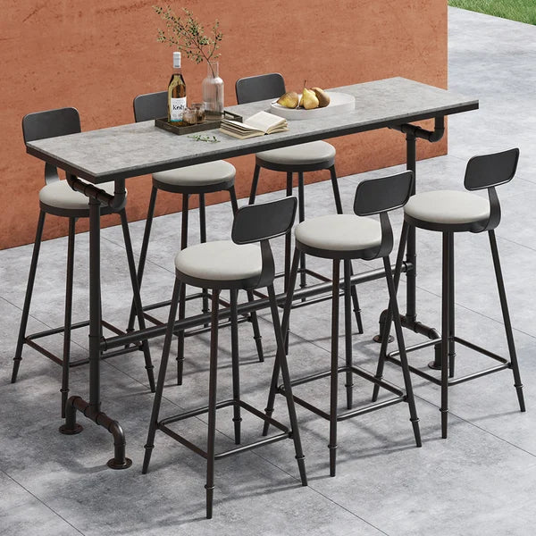 Ensemble de salle à manger de bar de patio extérieur en métal industriel 7 pièces avec table et chaises rectangulaires