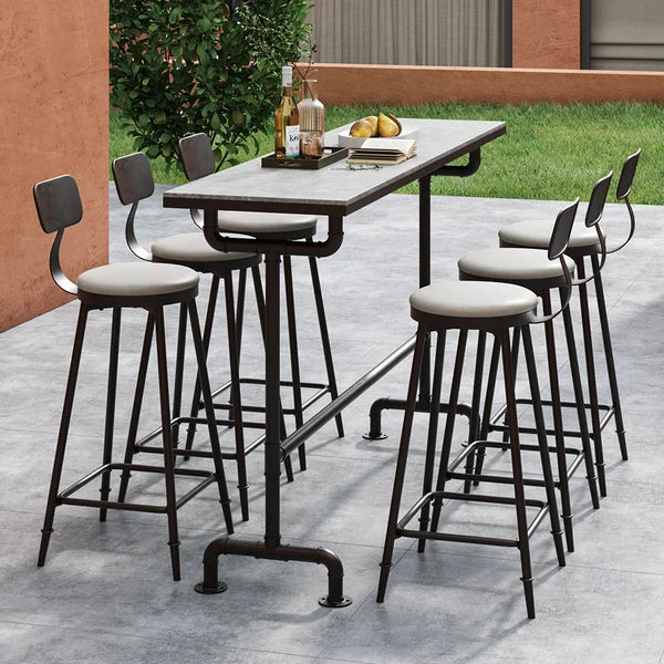 Ensemble de salle à manger de bar de patio extérieur en métal industriel 7 pièces avec table et chaises rectangulaires