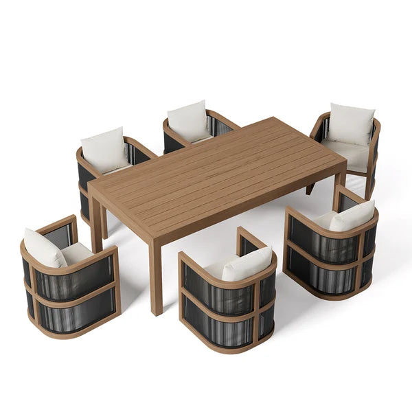 Ensemble de salle à manger d'extérieur 7 pièces pour 6 personnes avec table rectangulaire et fauteuil en corde tissée en naturel