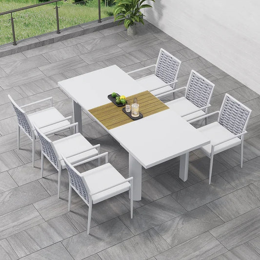 Ensemble de salle à manger de patio extérieur 7 pièces, table extensible en aluminium et en bois et chaises en corde tissée