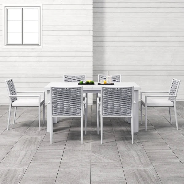 Ensemble de salle à manger de patio extérieur 7 pièces, table extensible en aluminium et en bois et chaises en corde tissée