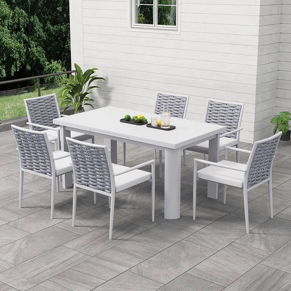 7 Pieces Outdoor Patio Dining Set Extendable Aluminum & Wood Table & Woven Rope Chairs