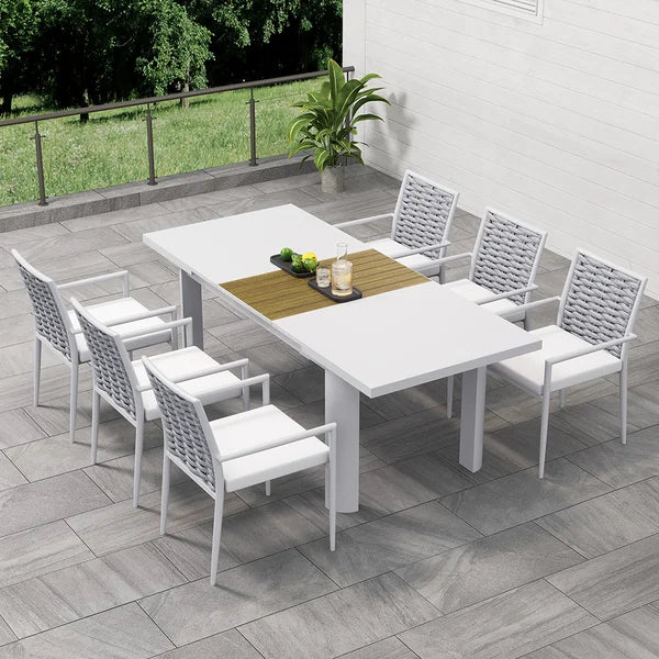 Ensemble de salle à manger de patio extérieur 7 pièces, table extensible en aluminium et en bois et chaises en corde tissée