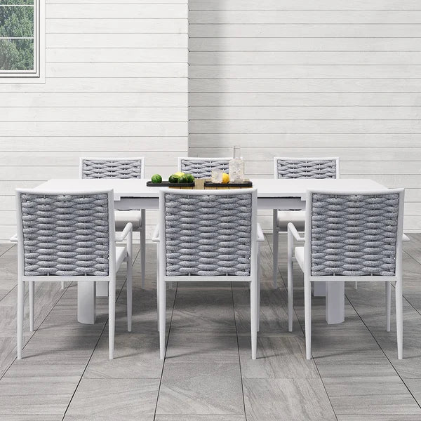 7 Pieces Outdoor Patio Dining Set Extendable Aluminum & Wood Table & Woven Rope Chairs