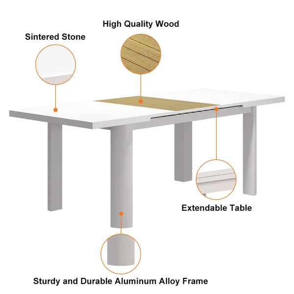 Ensemble de salle à manger de patio extérieur 7 pièces, table extensible en aluminium et en bois et chaises en corde tissée