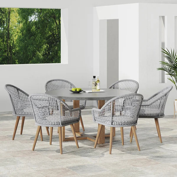 7 Pieces Teak Round Outdoor Concrete Dining Set with Gray Table Woven Armchair 6-Person