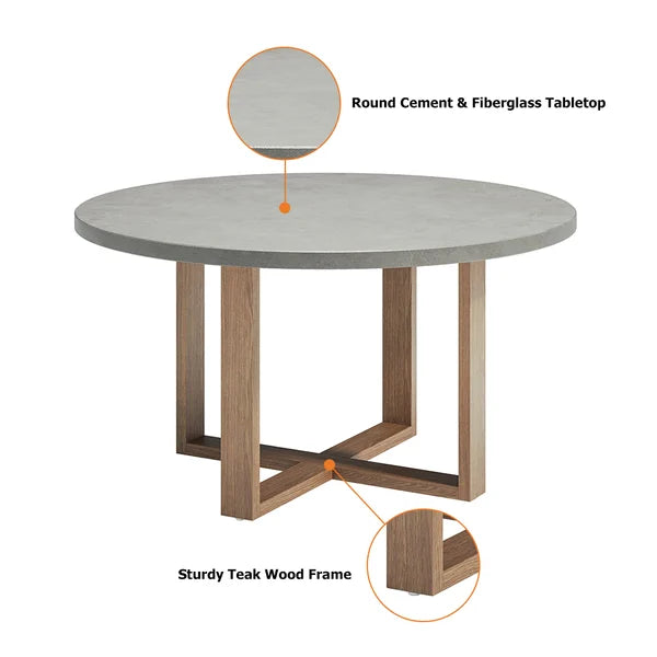 Ensemble de salle à manger d'extérieur rond en teck, 7 pièces, avec table grise, fauteuil tissé, pour 6 personnes