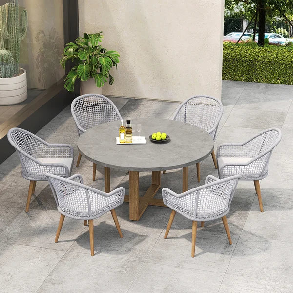 7 Pieces Teak Round Outdoor Concrete Dining Set with Gray Table Woven Armchair 6-Person