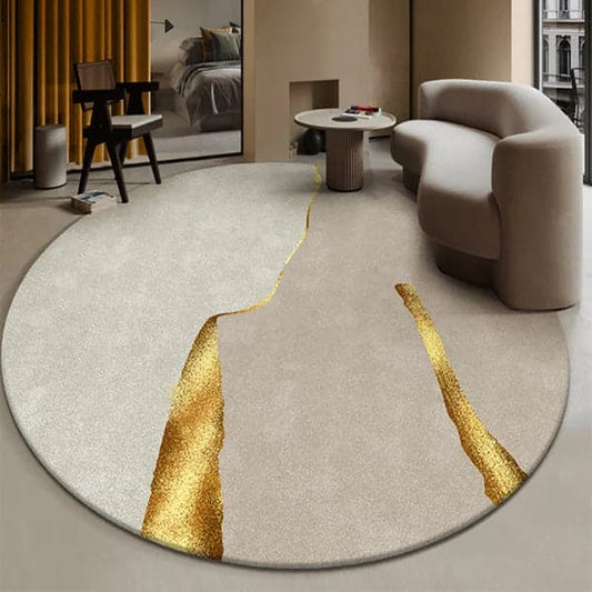 Tapis circulaire moderne, créatif et léger de luxe kaki et doré, 7' x 7', tapis en nylon