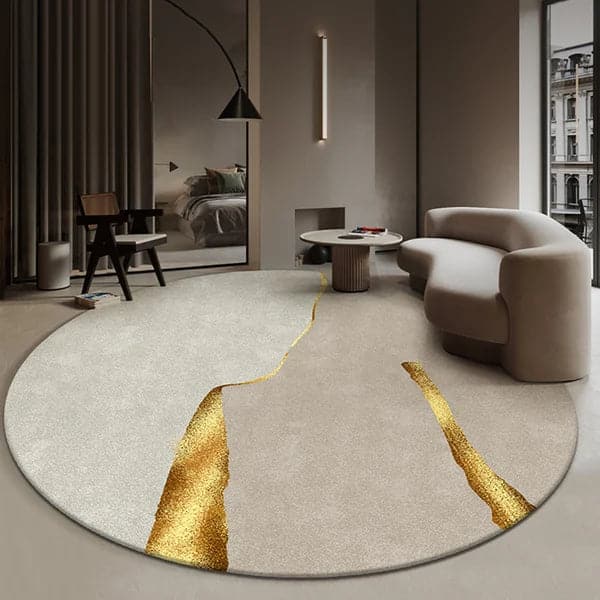 Tapis circulaire moderne, créatif et léger de luxe kaki et doré, 7' x 7', tapis en nylon