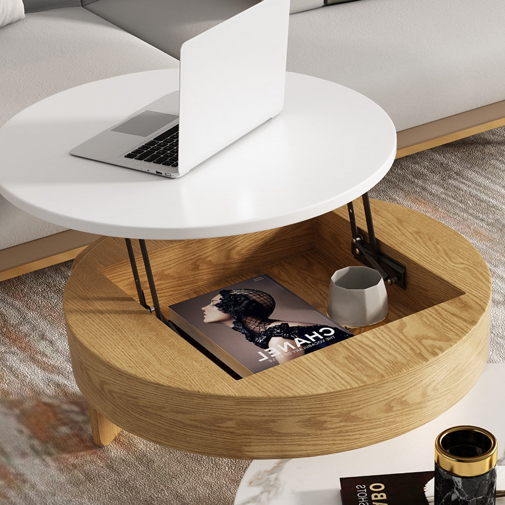 Modern Round Coffee Table with Storage Lift-Top Wood & Stone Coffee Table with 2 Drawers