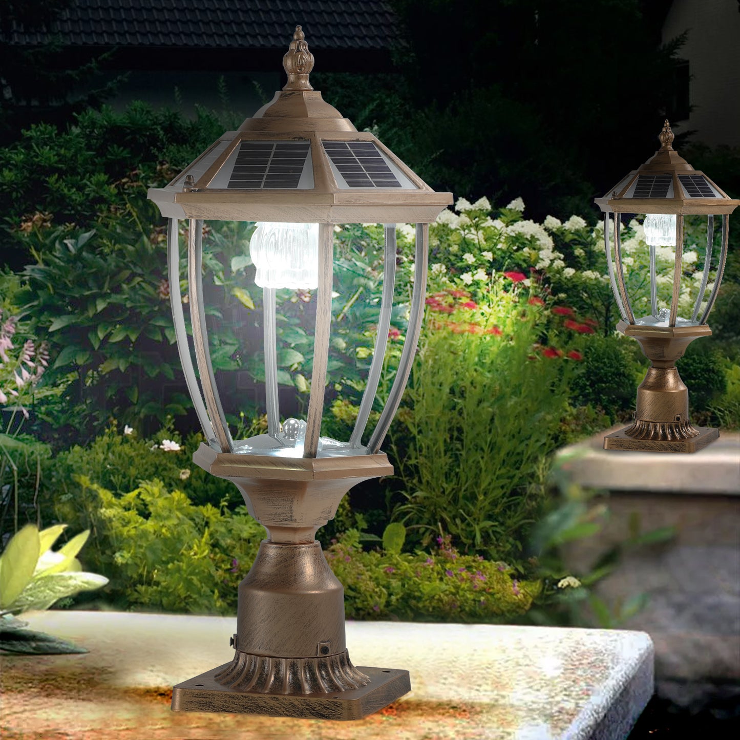 Solar-Powered Retro Gold Column Headlights with Dimmable LED - 2 Pack