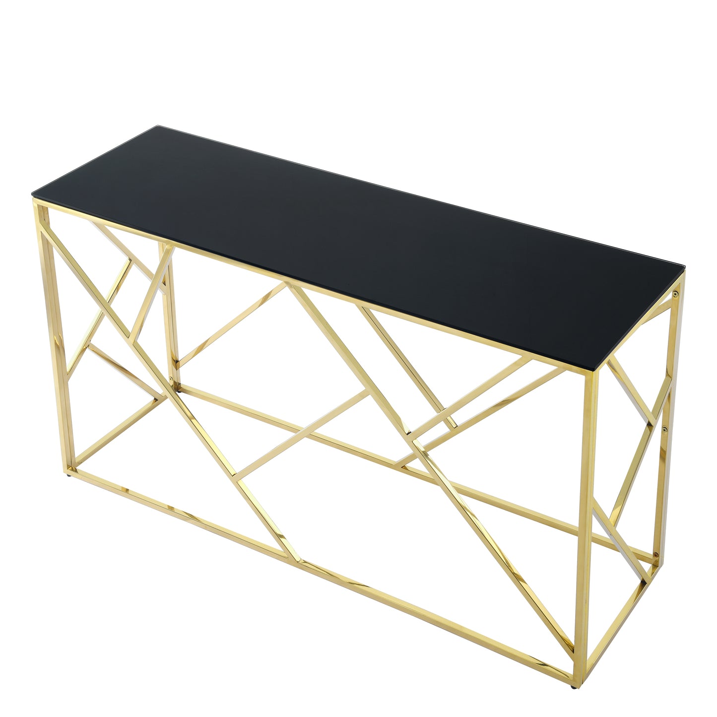 Modern Glass Console Table, 55" Gold Sofa Table with Sturdy Metal Frame and Black Tempered Glass Top, for Living Room Entryway Bedroom, Gold Finish