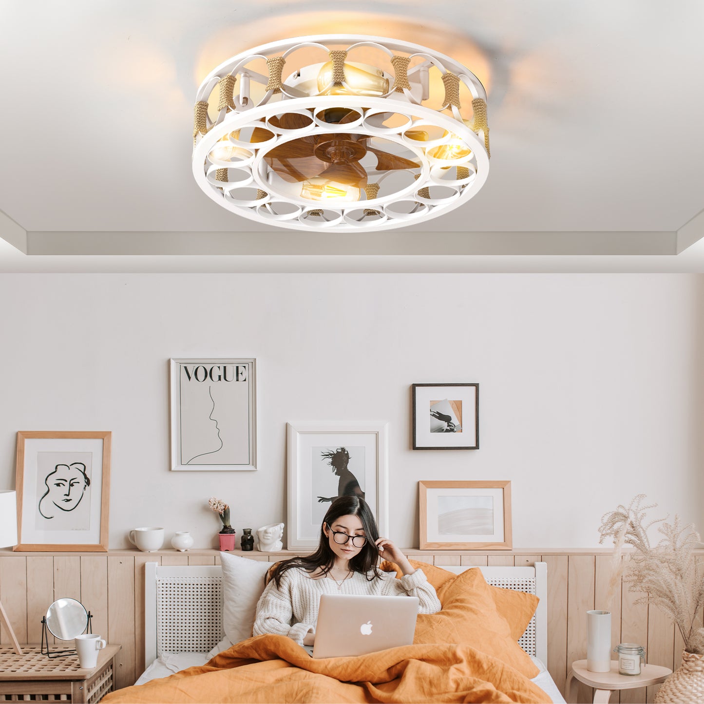 Caged Ceiling Fan with Lights Remote Control,Semi -embedded Modern Ceiling fans, 6 Speeds Reversible Blades, 4 LED Bulbs Include(White)