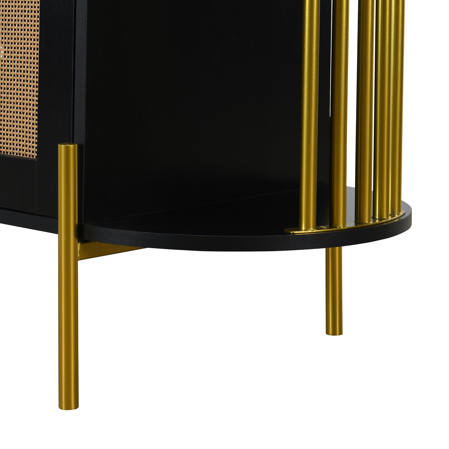 TREXM 2-Door Elegant Curved Dining Cabinet with Gold Trim and Woven Rattan Doors for Dining Room (Black)