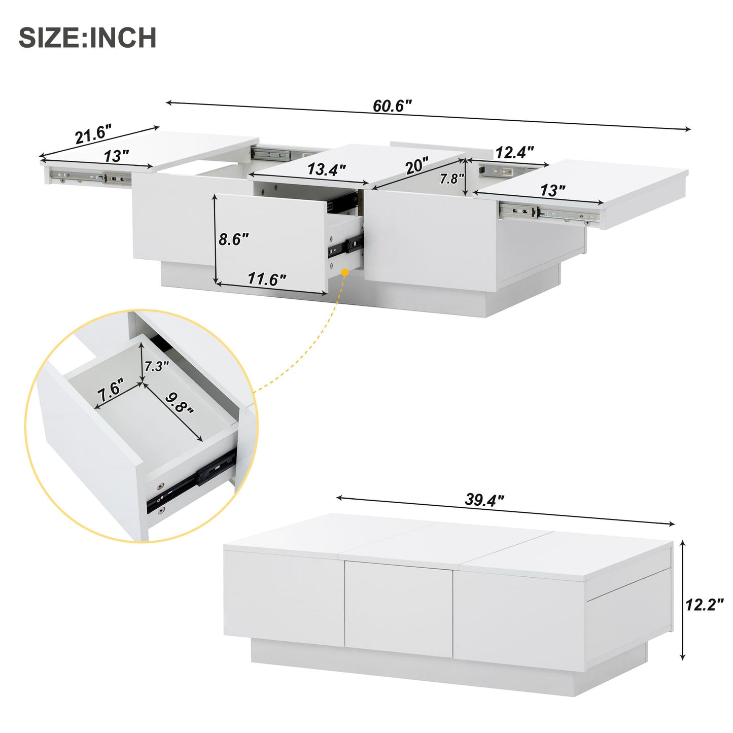 [VIDEO provided] ON-TREND Coffee Table with 2 large Hidden Storage Compartment, Extendable Cocktail Table with 2 Drawers, High-gloss Center Table with Sliding Top for Living Room, 39.3"x21.6", White