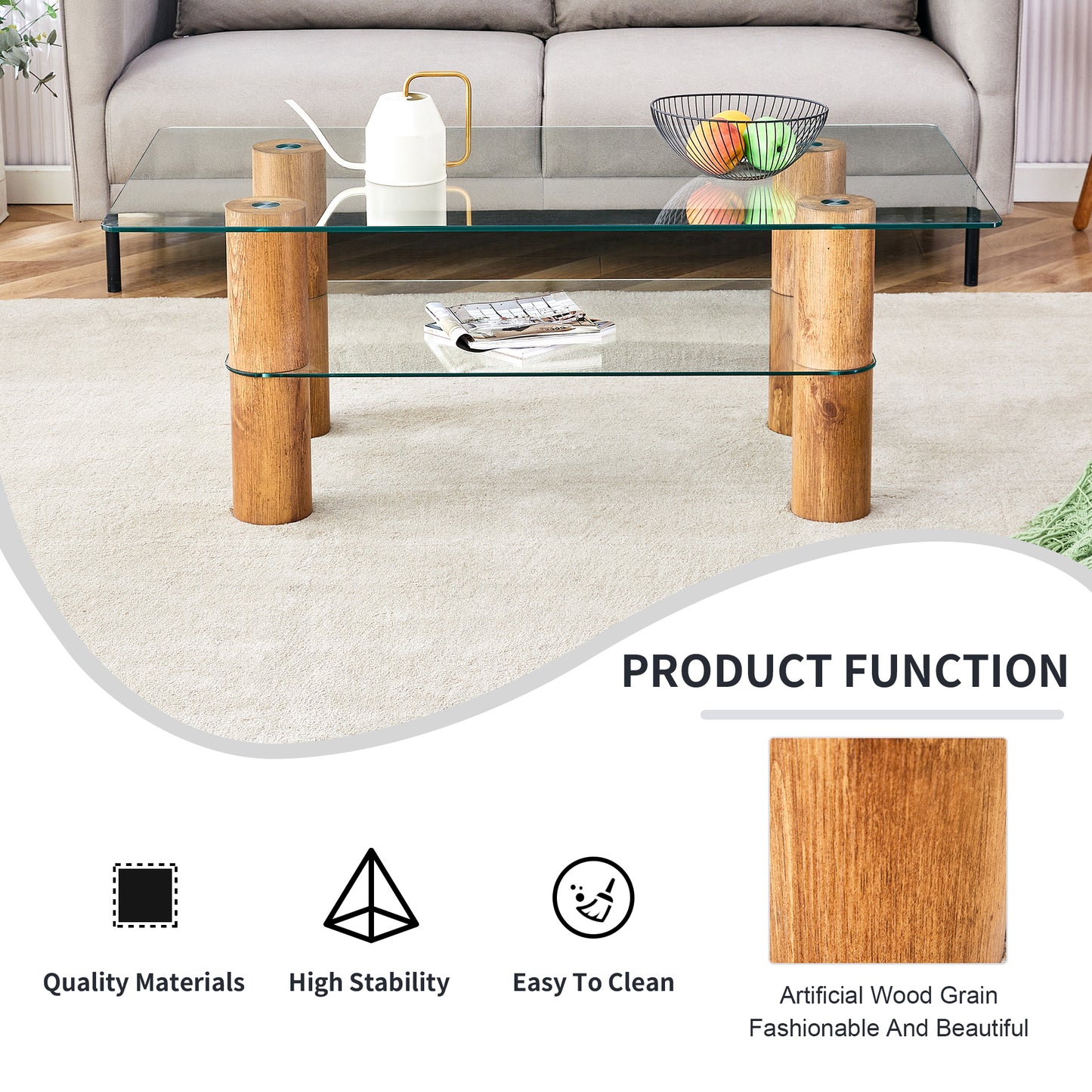 Modern Minimalist Double-Layer Transparent Tempered Glass Coffee Table with Wooden MDF Decorative Columns