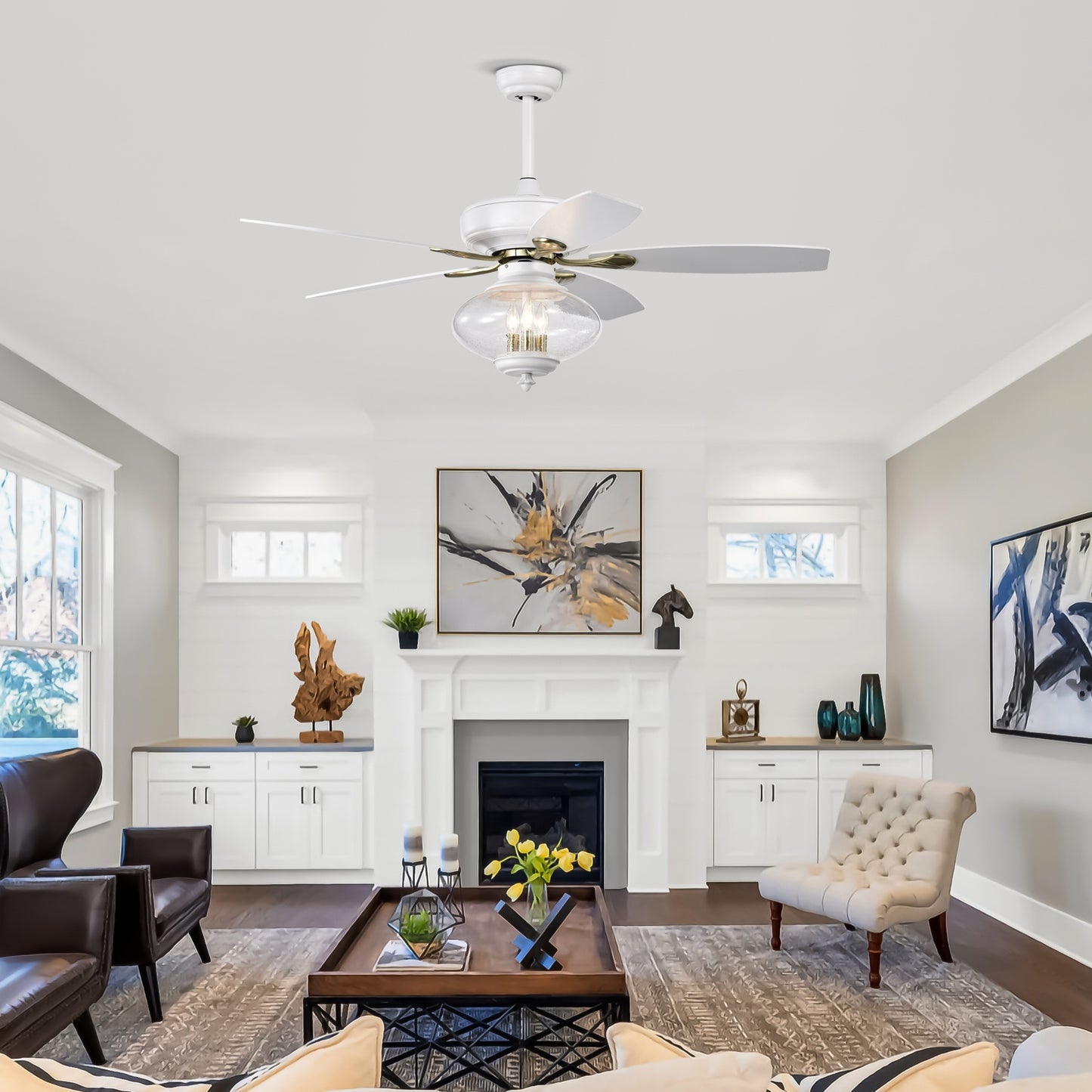 52" Low Profile Ceiling Fan in Matte White - Modern Design with Remote Control and Glass Shade