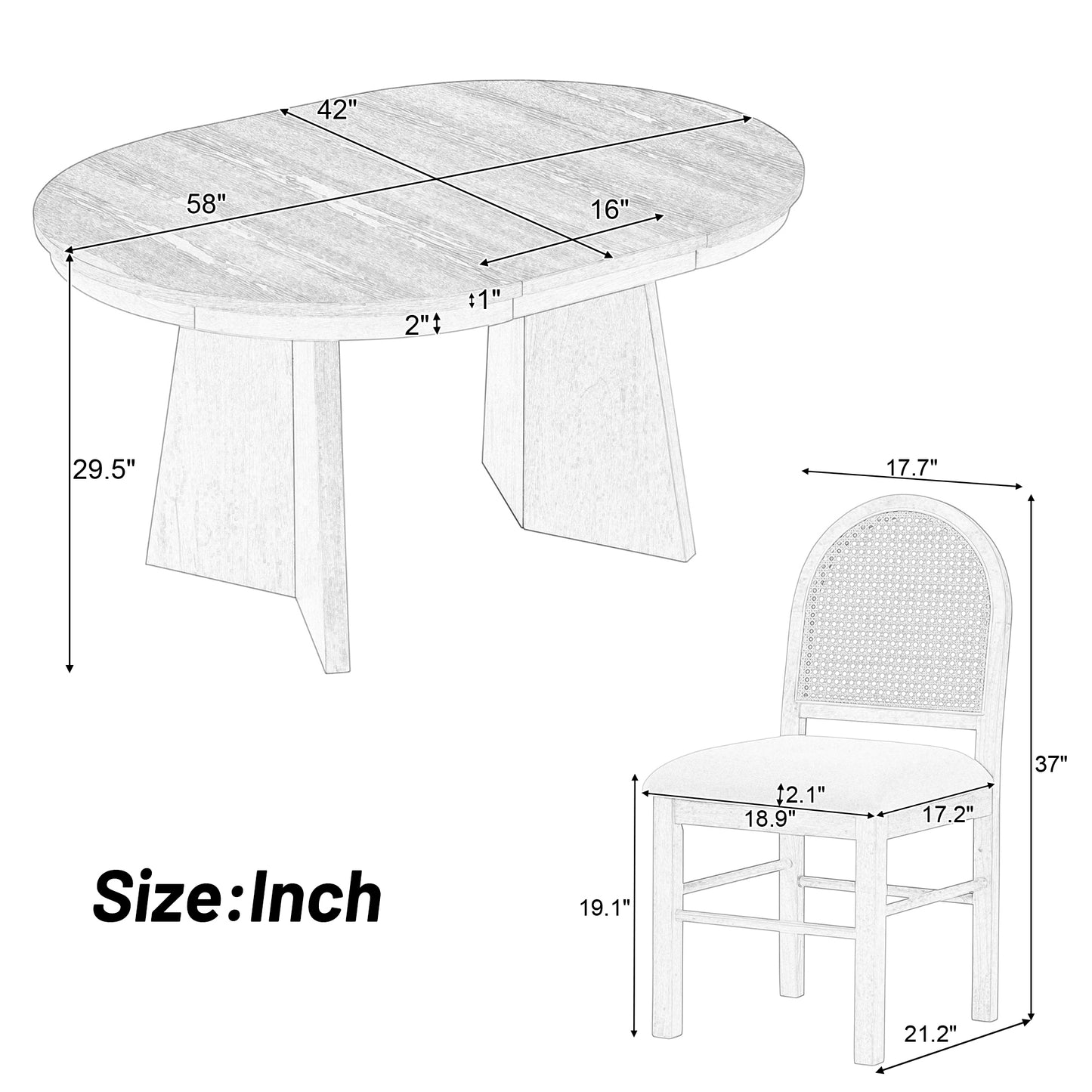 TREXM 5-Piece Retro Functional Dining Set with 1 Extendable Dining Table and 4 Upholstered Chairs with Rattan Backrests for Dining Room and Kitchen (Natural Wood Wash)