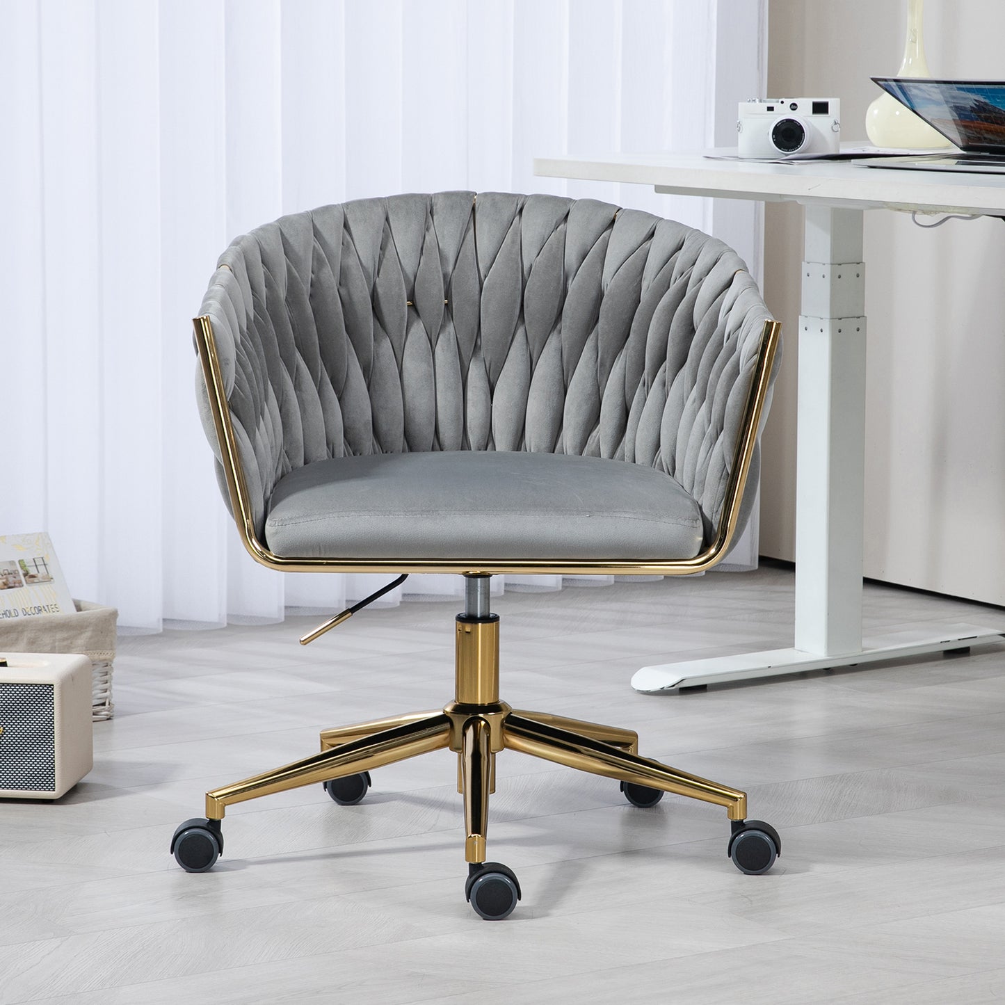 Modern design the backrest is hand-woven Office chair,Vanity chairs with wheels,Height adjustable,360°swivel for bedroom, living room(GREY)