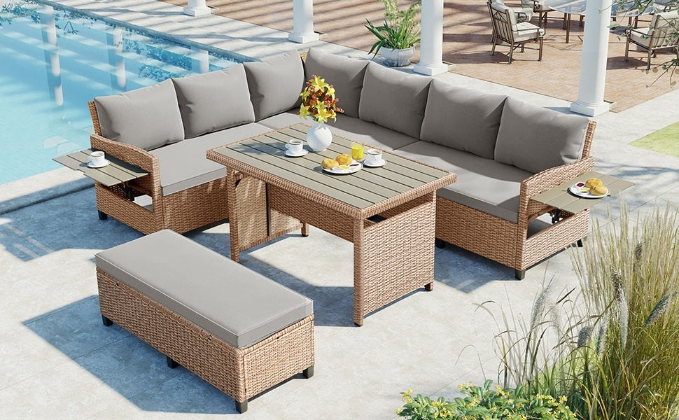 TOMAX 5-Piece Outdoor Patio Rattan Sofa Set, Sectional PE Wicker L-Shaped Garden Furniture Set with 2 Extendable Side Tables, Dining Table and Washable Covers for Backyard, Poolside, Indoor, Brown